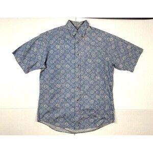 Lands End Mens Shirt Medium Button Up Floral Blue White Cotton Short Sleeve